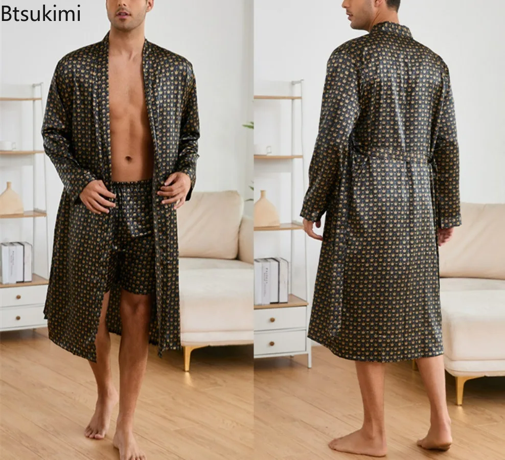 Men’s Spring Autumn Long Sleep Robe Shorts Set Belt Grid Casual Comfortable Loose Edition Home Clothes Two Piece Set Sleep Robe