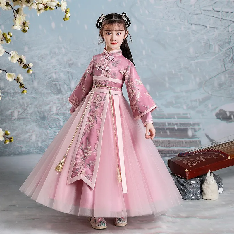 2023 New Embroider Hanfu Cloak Kids Vintage Chinese Perform Fairy Dress Gown Girls Prom Formal Birthday Christmas Gift Cosplay