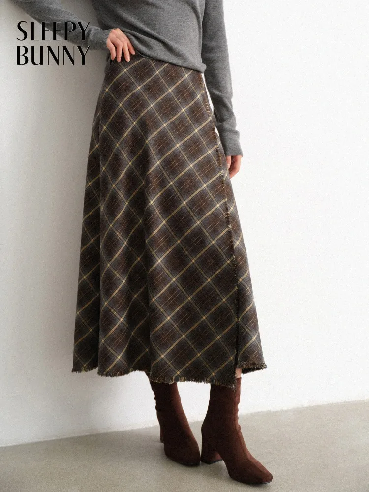 

Elegant Wrap Plaid Skirt for Women Lady Winter A-Line Midi Slim High-Waist Warm Checked Skirt for Daily Casual Chic Preppy Style