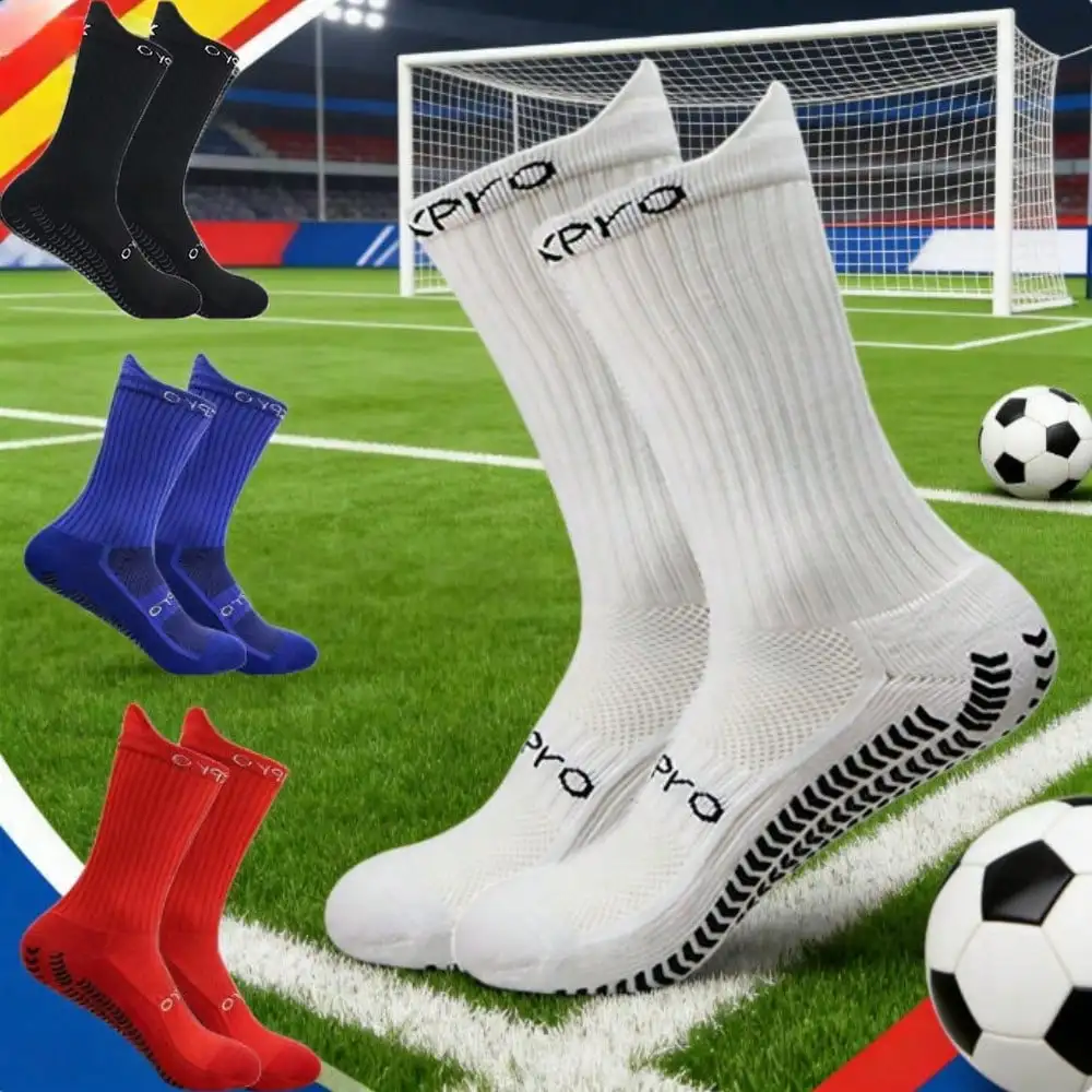 3 pairs of men’s adhesive-coated, slip-resistant soccer socks in various colors. Stylish athletic socks with ear tabs