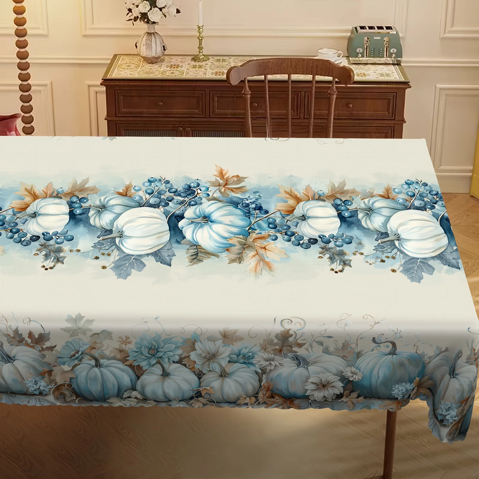 Fall Blue Pumpkins Maple Leaves Tablecloths Holiday Party Decor Autumn Thanksgiving Rectangle Table Cloths Kitchen Table Decor