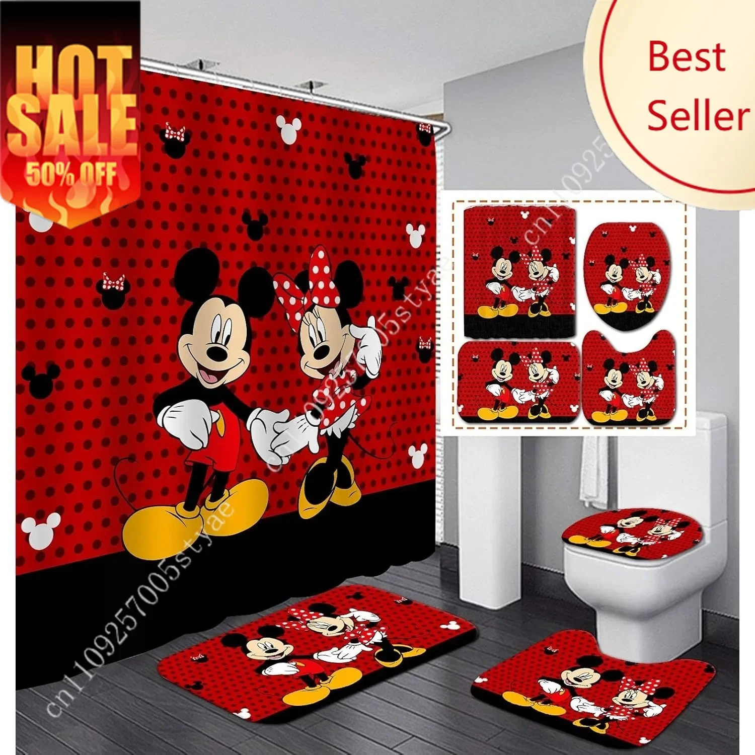 

Mickey Mouse Minnie Mouse Shower Curtain Set Disney Cartoon Decoration Gift Floor Mat Toilet Seat Cover Rug Toilet Lid Cover 4PC