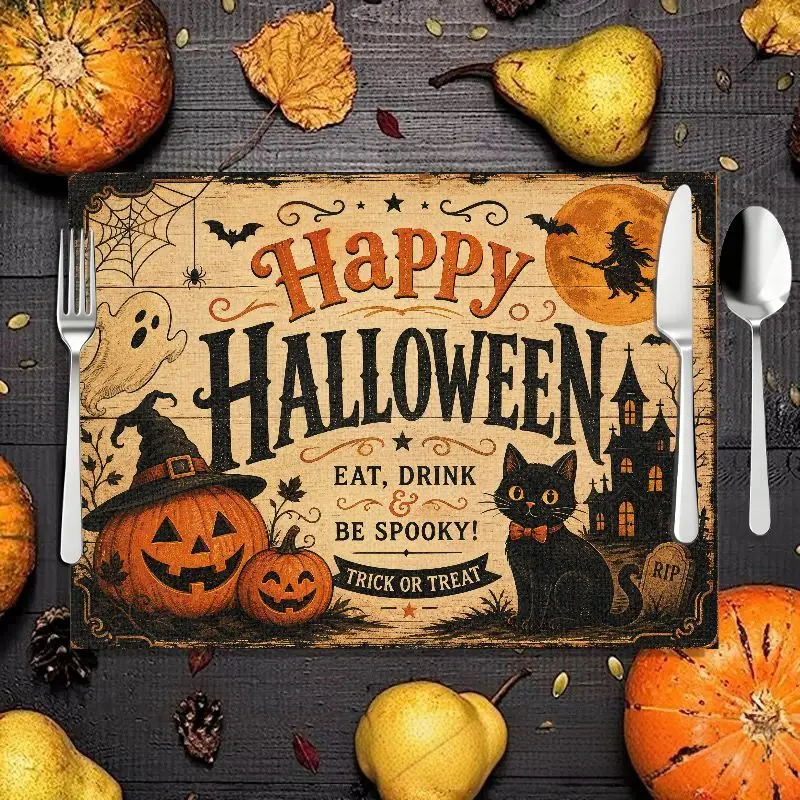 VIKAMA Vintage Happy Halloween Placemat Pumpkin Black Cat Haunted House Print Linen Table Mat Farmhouse Spooky Table Decor