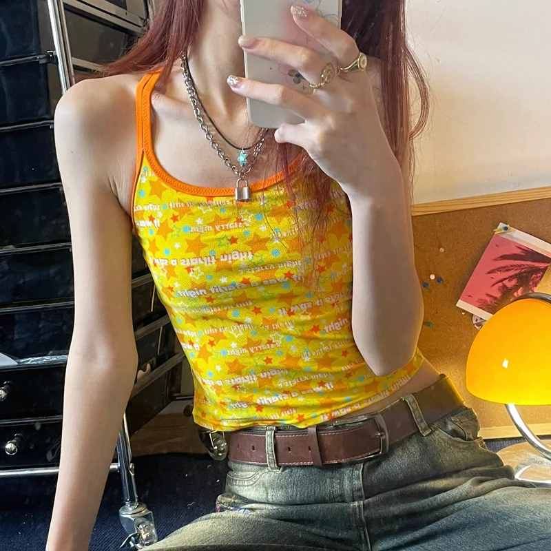 Genayooa Korean Style Tank Tops Women Sleeveless Yellow Print Halter Tops Y2k Vintage Tops Fairycore Streetwear Out Wear Camis