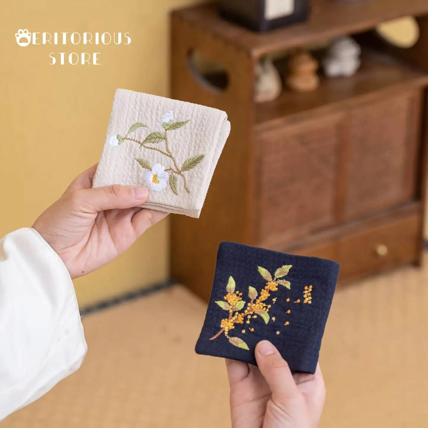 Cotton Linen Tea Towel Embroidered Camellia Napkin Chinese Tea Towels Absorbent Canvas Ceremony Napkins Accessories Teatowel Mat