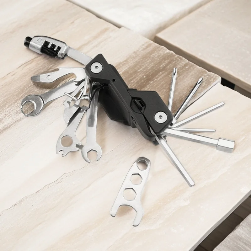 مجموعة أدوات إصلاح الدراجة متعددة الأغراض، مفك براغي متعدد الأدوات، عتلات الإطارات، مفتاح ربط سداسي، أدوات إصلاح قابلة للطي