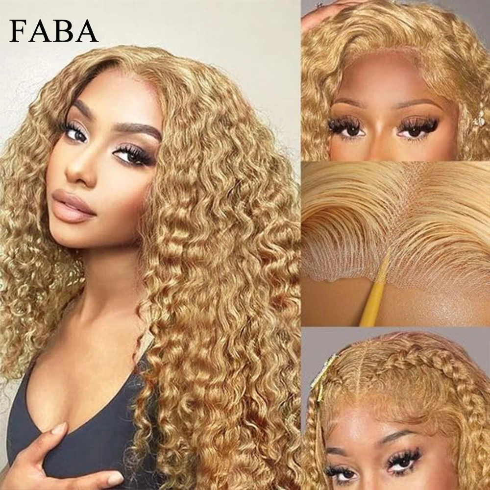 

FABA Glueless Honey Blonde Curly Human Hair Wig 27 Deep Wave Human Hair 13x4 HD Lace Frontal Wigs with Baby Hair 180% Density