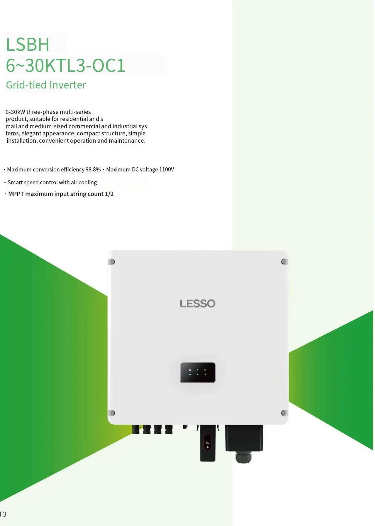 Lesso BX 25KW Three Phase 400V Grid Connected Solar Inverter 1100V Input 98.8% Efficiency 50/60Hz Model LSBH25KTL3