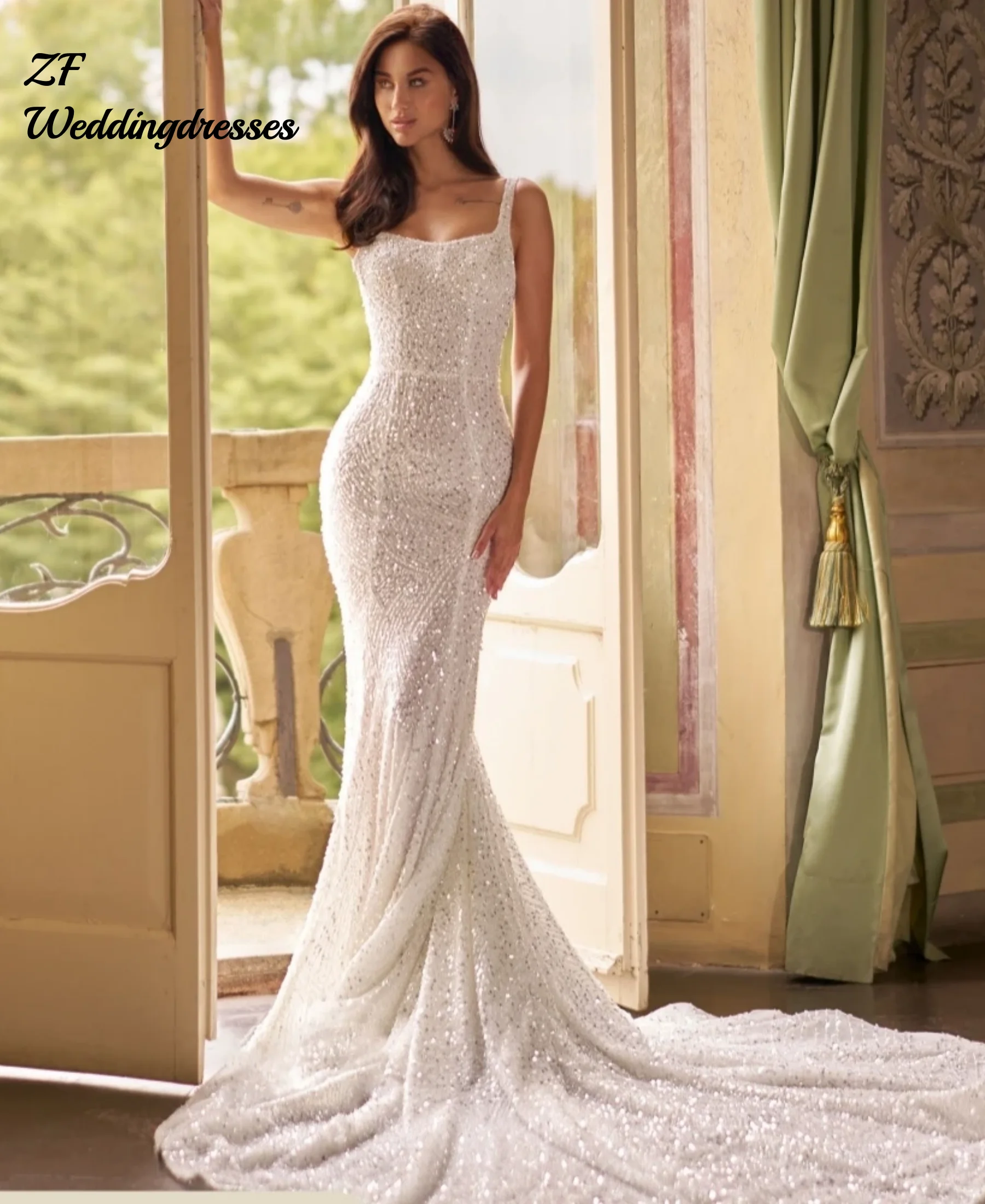 فساتين زفاف حورية البحر أنيقة مخصصة مع فساتين زفاف عارية الذراعين من اللؤلؤ والخرز الكريستالي للنساء في القاعة الأمامية Novi #3