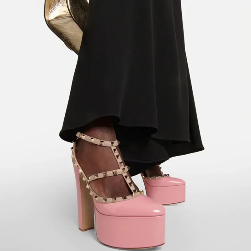 Classics Pointed Toe Buckle Slingback Sandales A Talons Platform Chunky High Heels Full Rivets Strap Sandalias De Mujer Verano