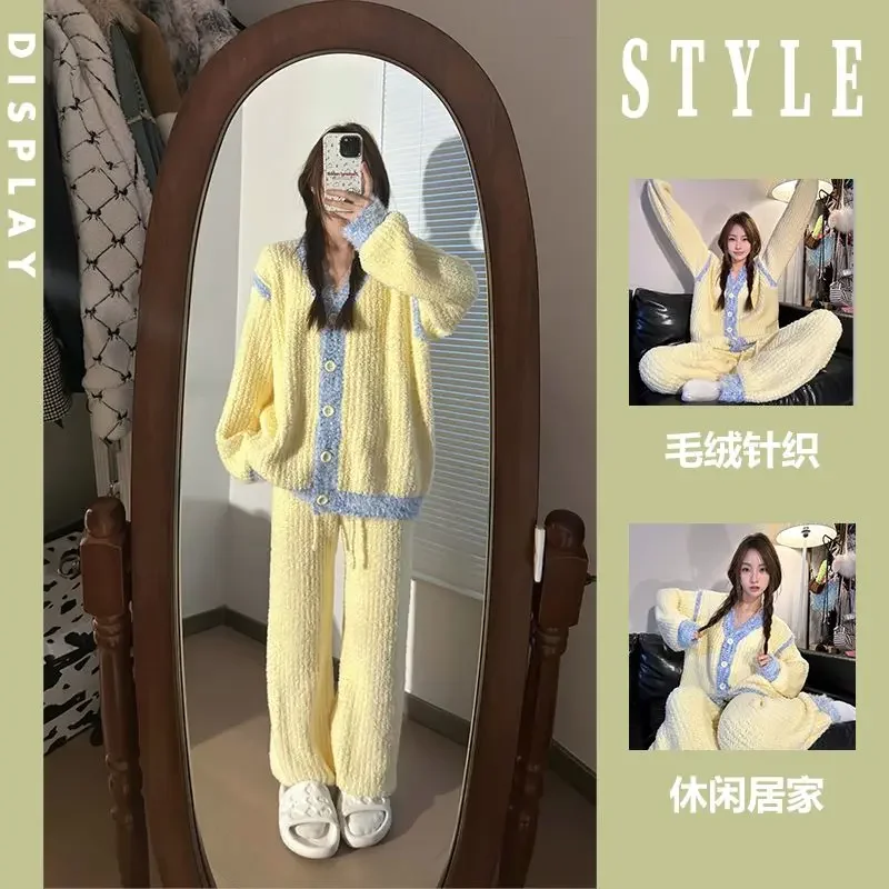 女性のための豪華なニットパジャマ、韓国のナイトウェア、デザインの高度な意味、厚くて暖かい、ホームウェアスーツ、冬、新しい