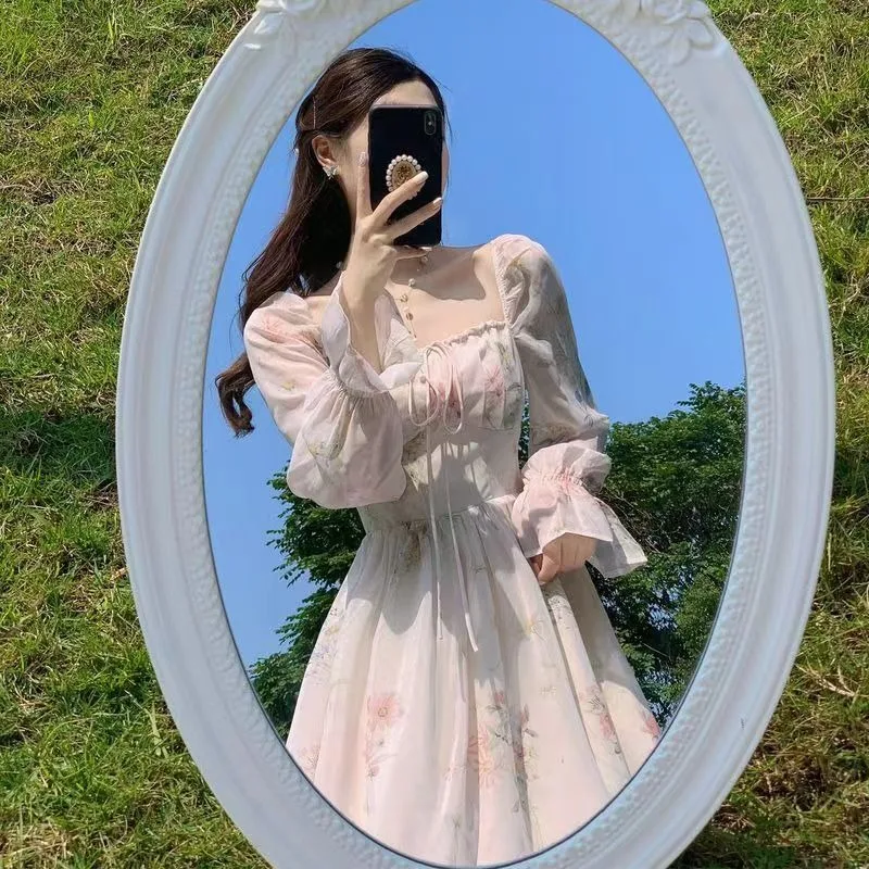 Chiffon Dresses for Women Long Sleeve Thin Summer Clothing Elegant New Beauty First Love Cute Girls Korean Style Square Collar
