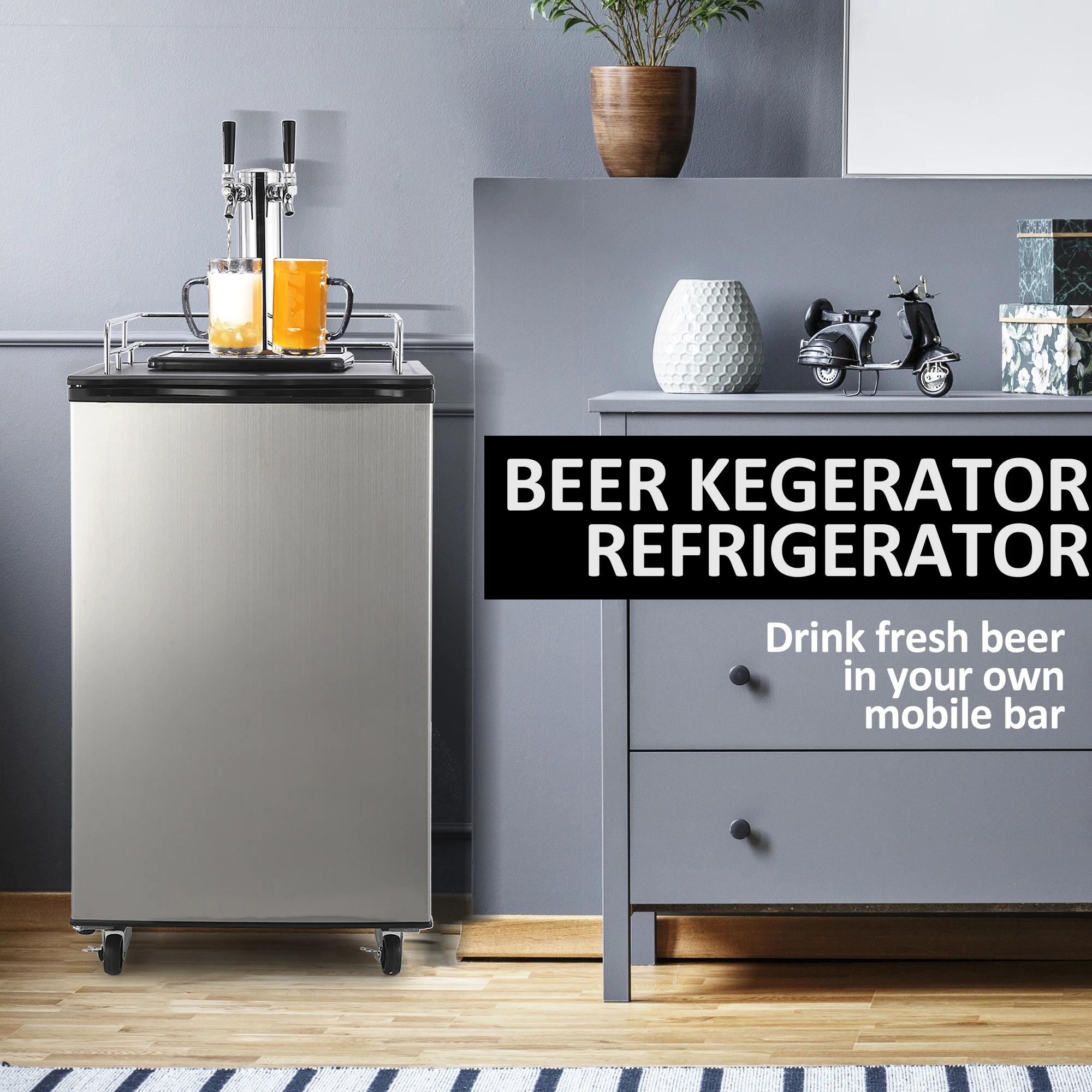 Beer Kegerator, Dual Tap Draft Beer Dispenser, Full Size Keg Refrigerator With Shelves, Stainless Steel, Drip Tray & Raill, silv