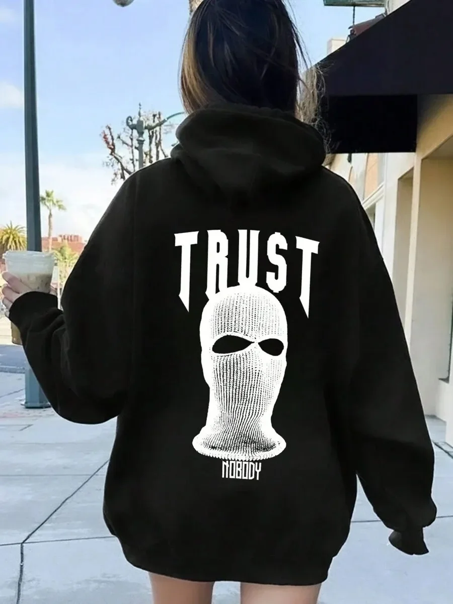 

Street - Style Pure Cotton Hoodie Featuring Mysterious Mask Graphic and Impactful Text - Trendy for Rebellious Souls