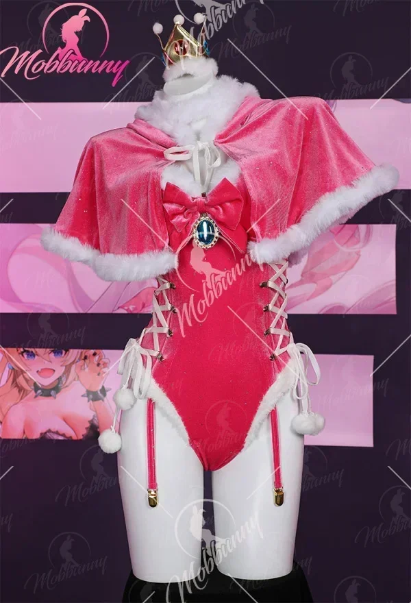 Mobbunny Women Christmas Peach Derivative Sexy Lingerie Cosplay Costume Bodysuit Plush  Romper with Cloak Gloves and Thigh Socks