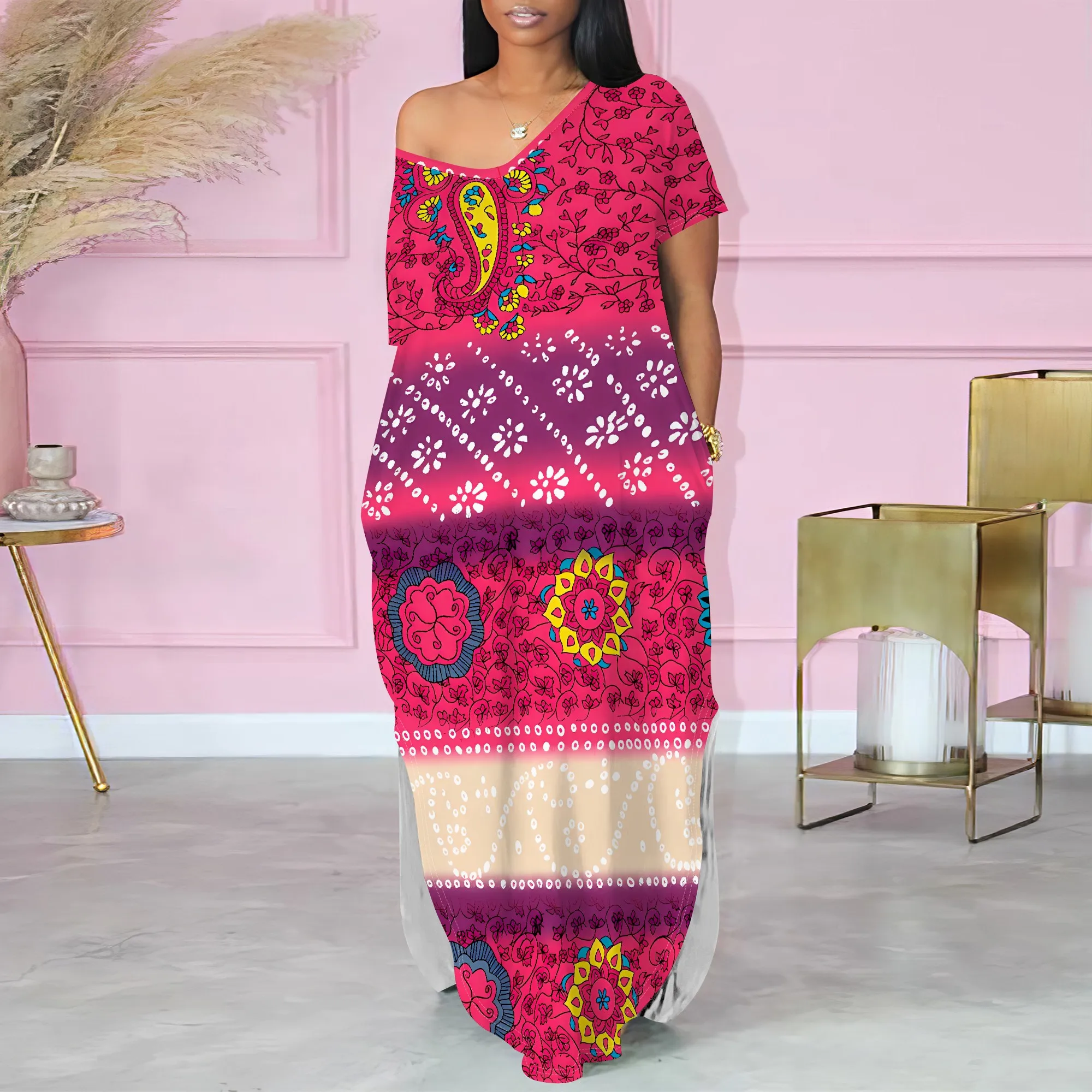 

Women's Pullover Sexy Short Sleeve One-Shoulder V Neck Fashion Printed Summer Two-side Slits Casual Maxi Dresses With Pocket