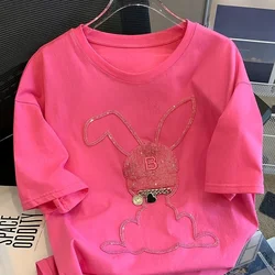 Rose Pink Summer Cotton Sequins Embroidery T Shirts Cute Bunny Rabbit Cartoon Y2k Top Women Girls Kawaii Shirts for Women Ladies