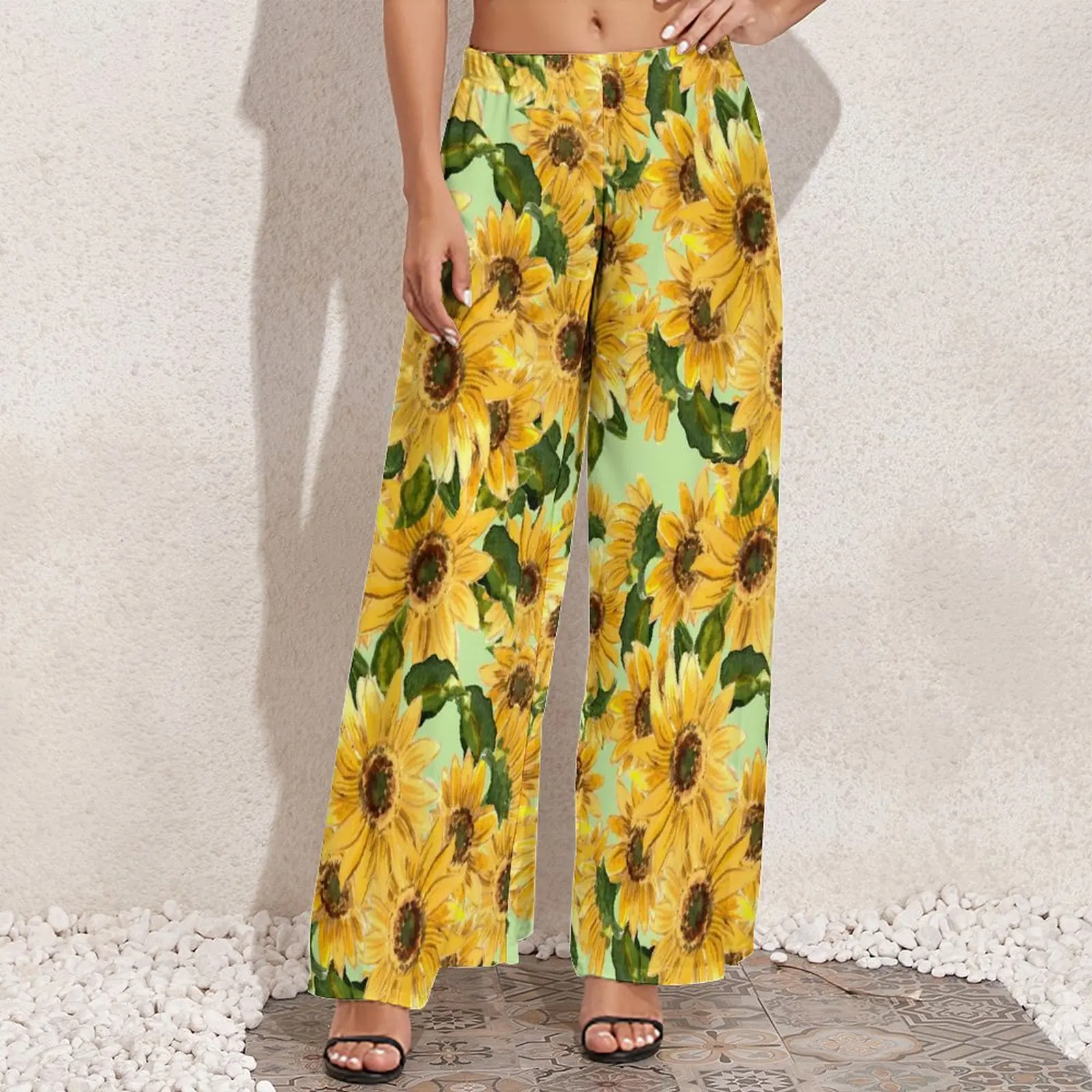 Calça reta de girassol florescente feminina, calça extragrande, padrão de flores amarelas, perna larga, estilo rua, moderna