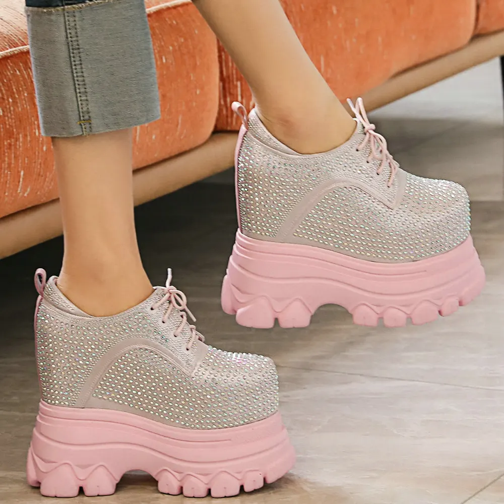 

Rhinestones Pumps Party Shoes Women Genuine Leather Wedges High Heel Ankle Boots Female Round Toe Fashion Sneakers Casual Shoes