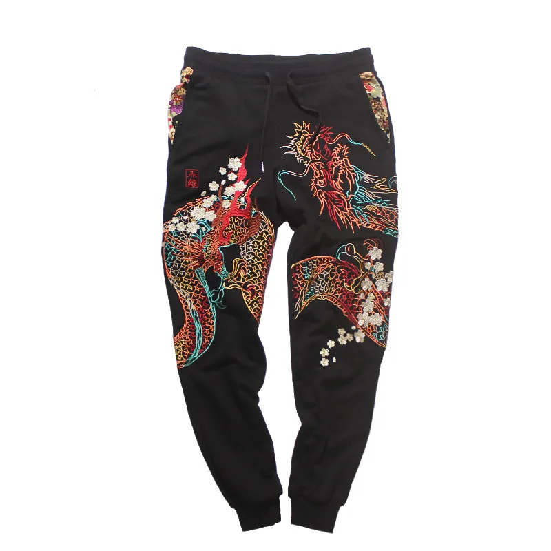 Black cotton pants for Men and Women Chinese Embroidered Pants Yokosuka Sportpants Loose Spring and Autumn