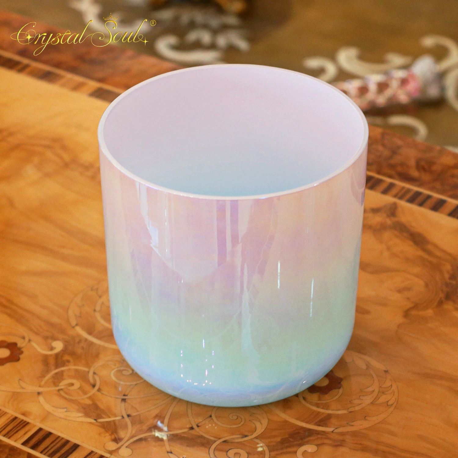 CrystalSoul 432Hz Girly Heart Powder Blue Gradient Clear Alchemy Crystal Bowl Quartz Bowls