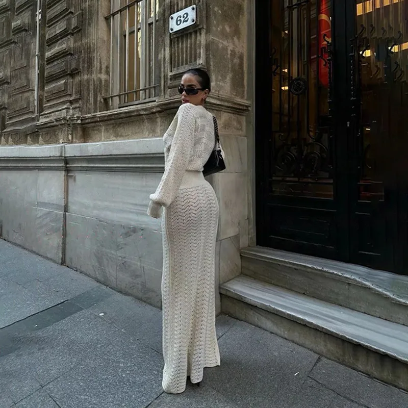 بلون مثير متماسكة قطع عطلة الشاطئ فساتين طويلة غير رسمية المرأة 2025 الصيف مثير الخامس الرقبة طويلة الأكمام Bodycon فستان ماكسي #3