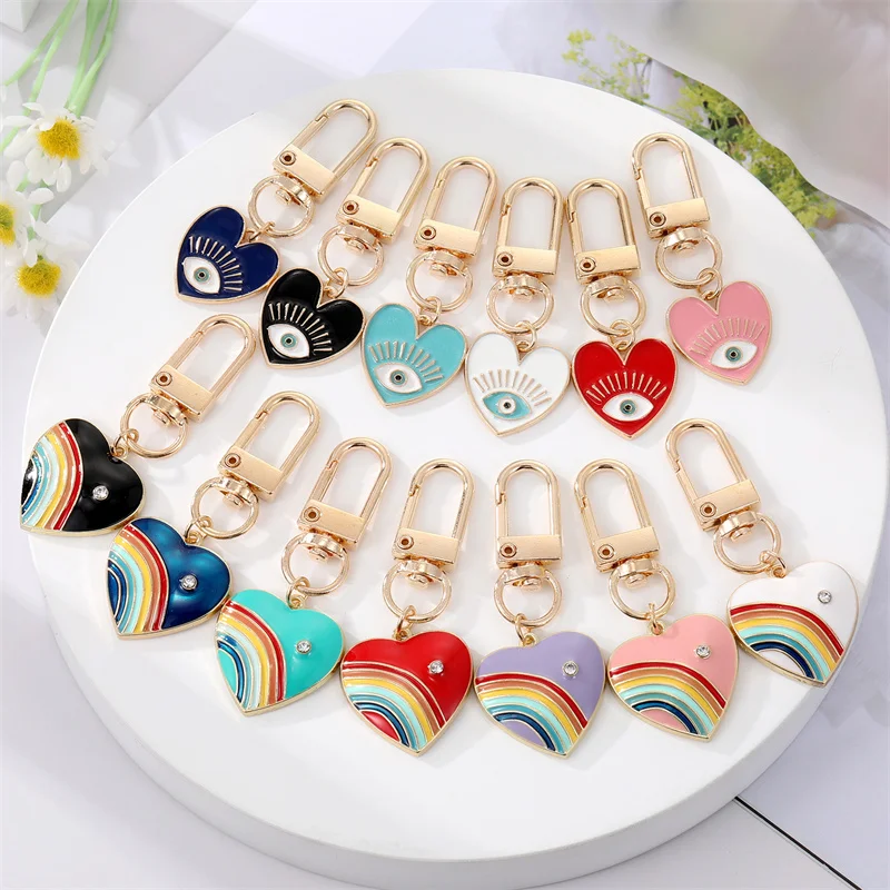 1Pcs Rainbow Heart Evil Eye Keychain Key Ring For Friend Lovers Couple Love Blue Eye Bag Car Airpods Box Key Accessories Jewelry