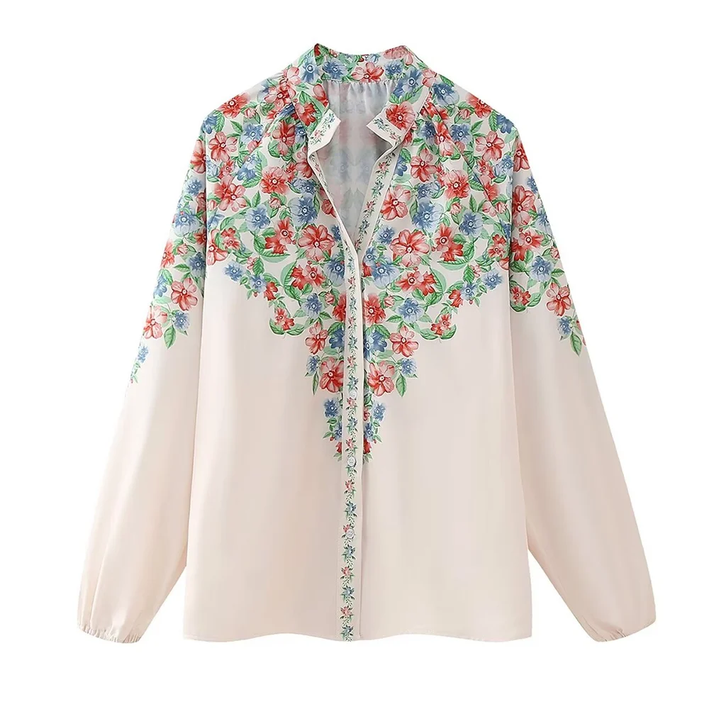 Taop&Za 2024 Spring New Product Women\'s Fashion Casual Print Long sleeved Standing Neck Fragmented Flower Loose Shirt