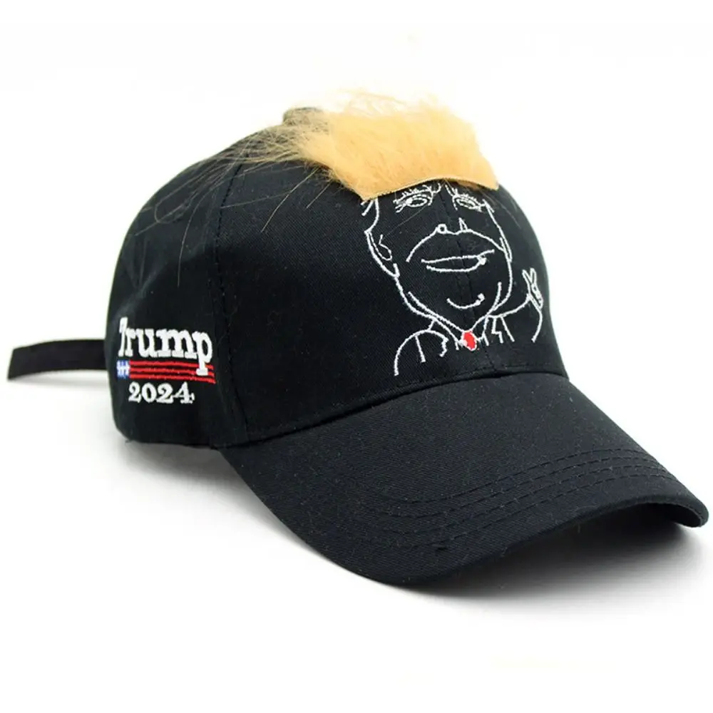 2024 MAGA Donald Trump Hat with Hair Adjustable Trump Supporters Hat Cotton Sunscreen Baseball Cap Sports