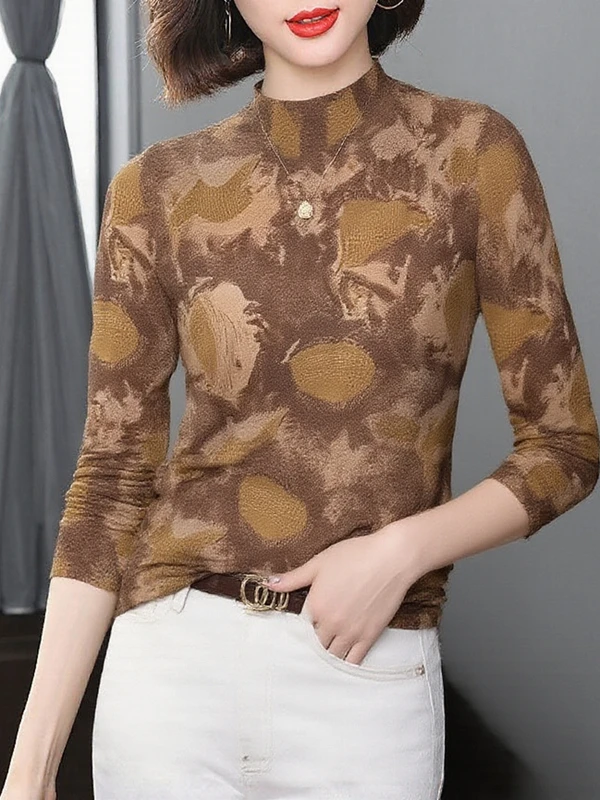 

Элегантная женская блузка с длинным рукавом и принтом, с воротником-стойкой, модная, универсальная, омолаживающая, для повседневной носки