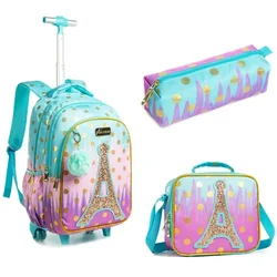 Children Backpack with Wheels Kids Wheeled School Bag Teenagers Bag Girls Canvas Backpack Travel Luggage Trolley Bags Bookbag