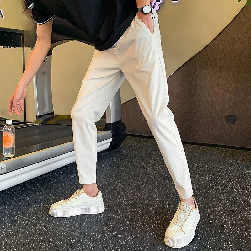 

Мужские повседневные брюки Slim Fit, белые, летние, новые, модные, укороченные (до щиколотки), молодежные, тонкие, немнущиеся