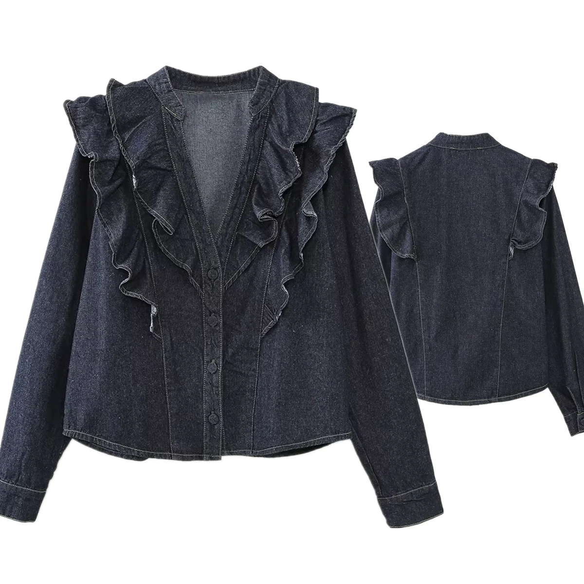 Withered Minimalist Layered Decorative Denim Shirt V-neck Loose Blouse Women Long Sleeve Pullover Top