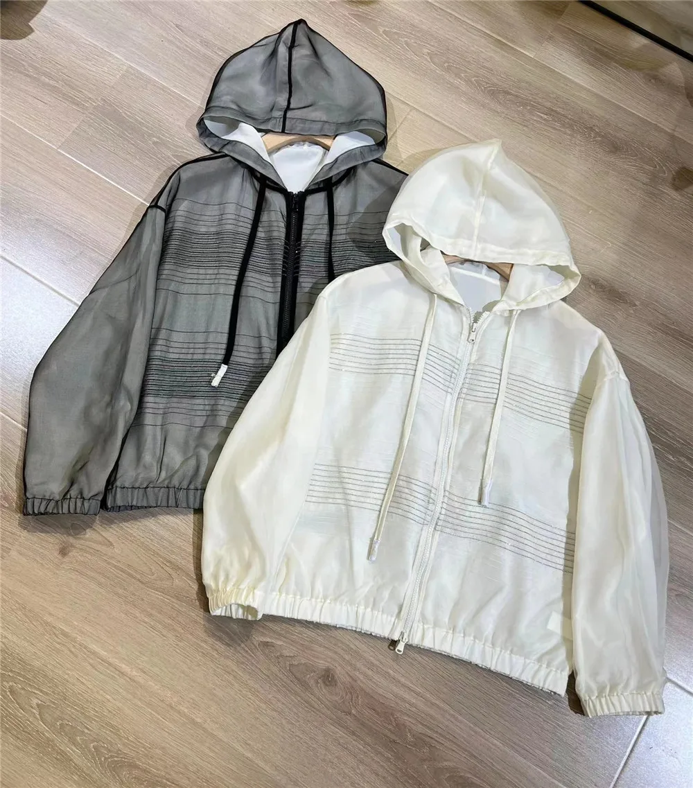 

Casual Versatile Hooded Zip Trench Jacket Silk Bead Chain Design Sun Protector