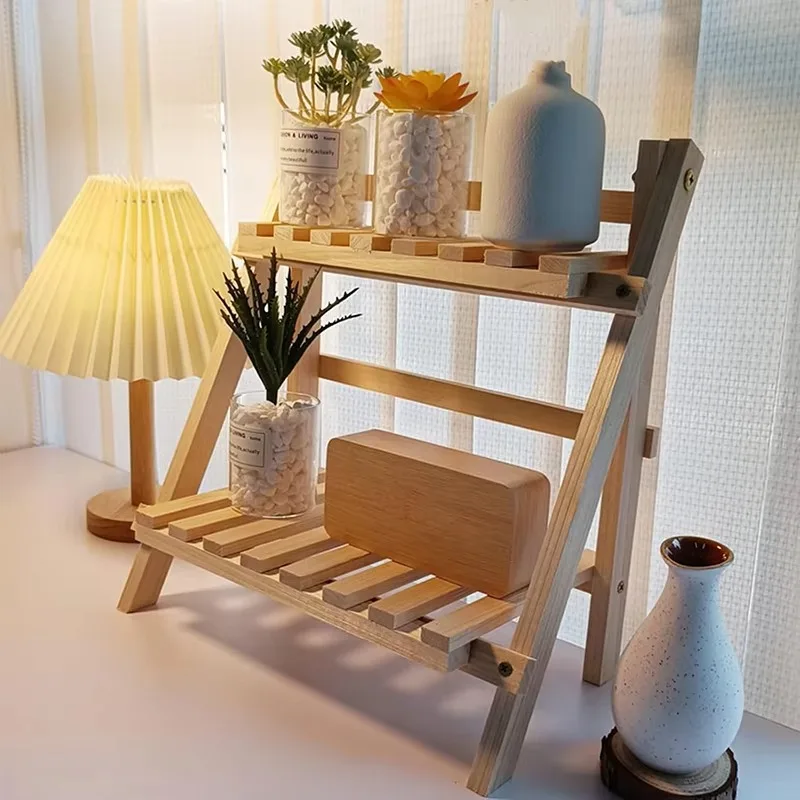 Foldable wood double-layer trapezoidal shape ladder rack workshop storage rack removable shelf easy to assemble portable