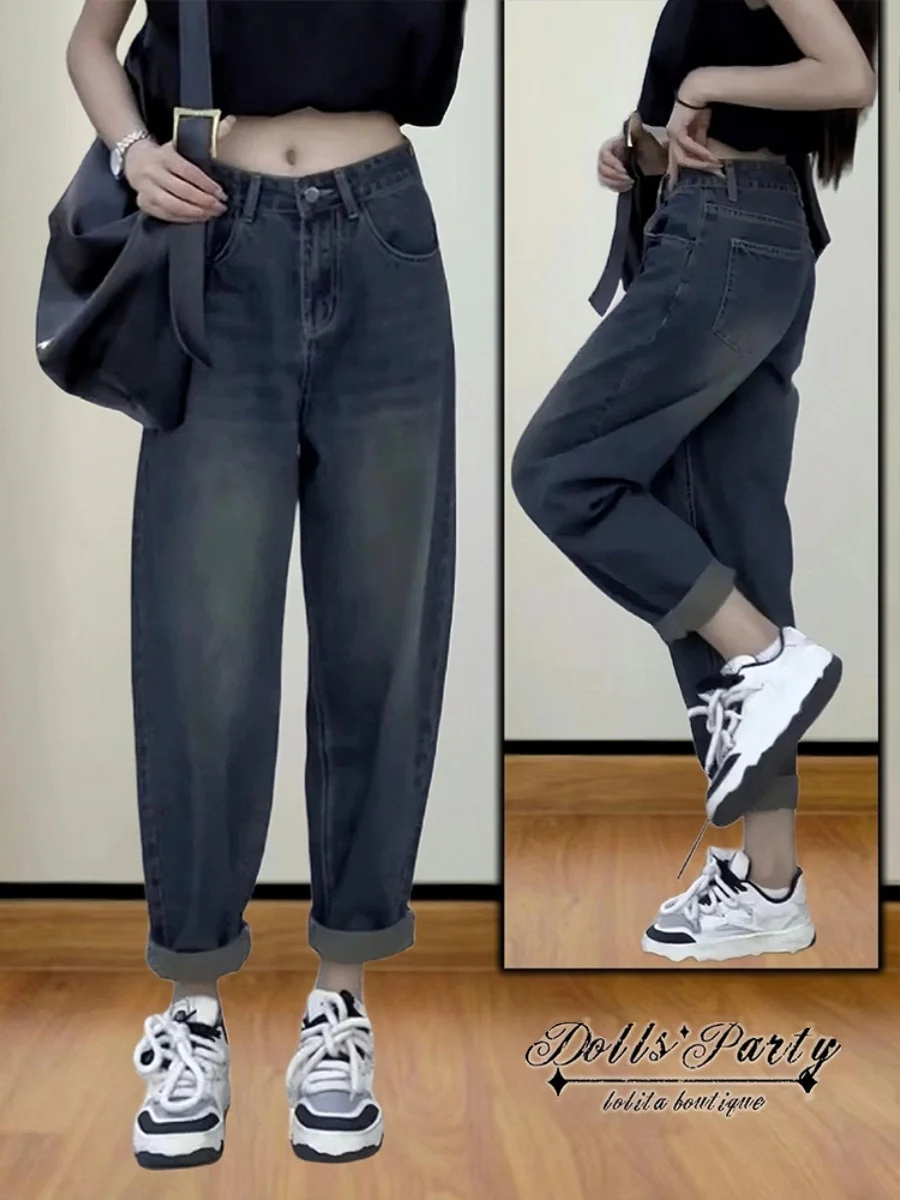 กางเกงยีนส์เอวสูงทรงฮาร์แลนสำหรับผู้หญิง ไซส์พลัส ทรงลูกแพร์ ไซส์เล็ก ไซส์ใหญ่พิเศษ ทรงแด๊ดแพนท์ ผ้าฝ้ายยืด ทรงทันสมัย