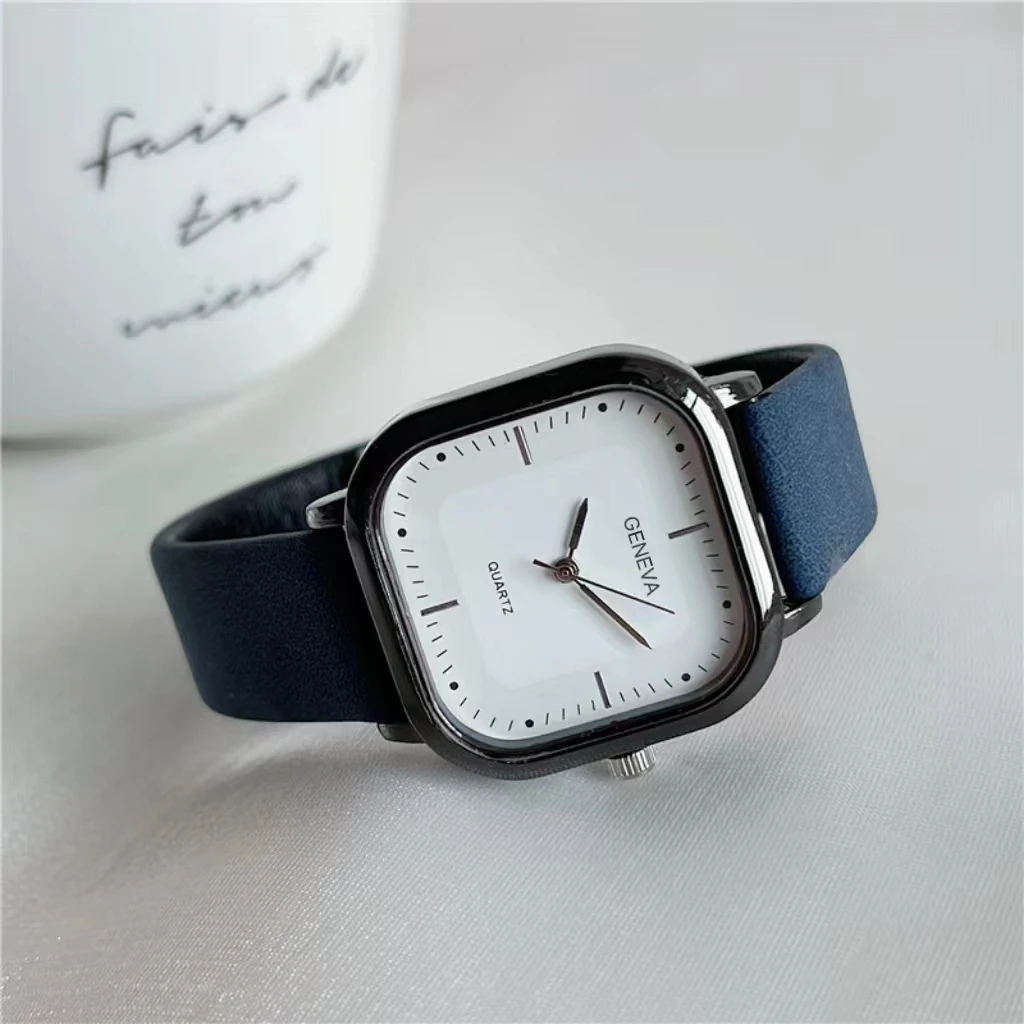 Square quartz student watch, men's and women's fashion watch, simple leather watch, casual watch