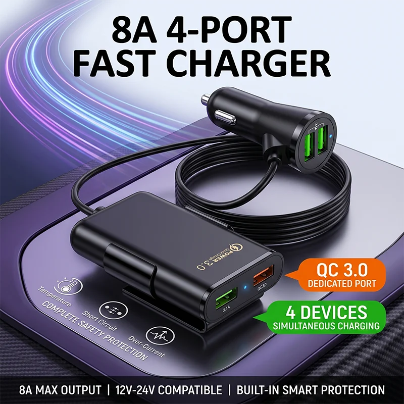 

Universal 4-Port Fast Car Charger 8A 40W USB Adapter with Extension Back Seat Hub and Clip For iPhone 17 16 Pro Max For Samsung