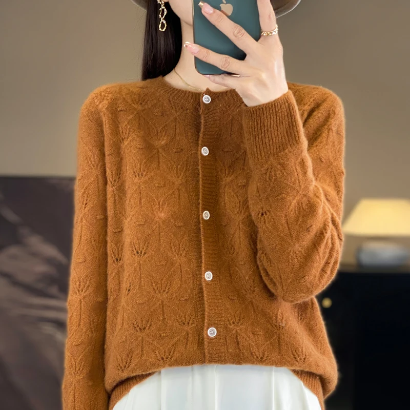 2024 Spring and Autumn New Women\'s Cardigan 100% Merino Wool Sweater O-neck Hollow Elegant Cashmere Knitted Coat Fashion Top