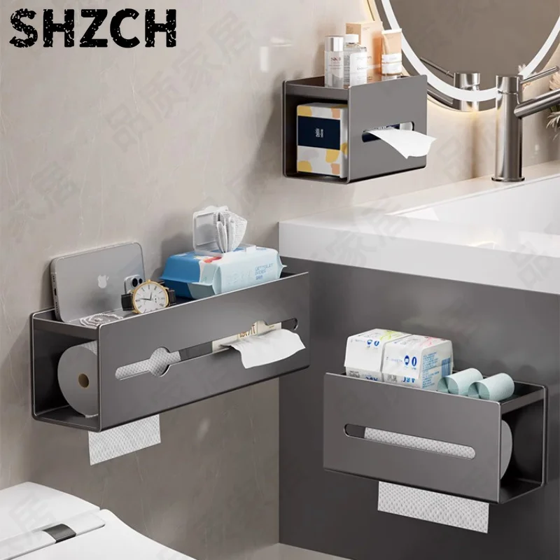 Wall Mounted Tissue Holder, Double Layer, Large Space Storage Shelf Strong Load Bearing, Double Paper Outlet, Waterproof, 2 in 1
