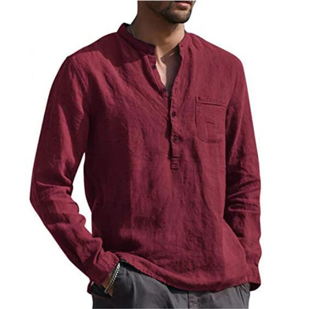 Summer New Cotton Linen Hot Sale Mens Long Sleeved Shirts Solid Color Stand-Up Collar Casual Beach Style Plus Size Chemise Homme