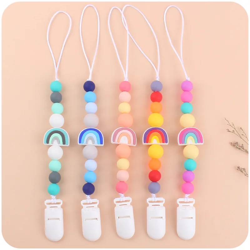 

NEW baby Pacifier Clip Handmade Beech Wooden Chain rainbow silicone Teether chain Baby Teething Toy newborn Chew Gift