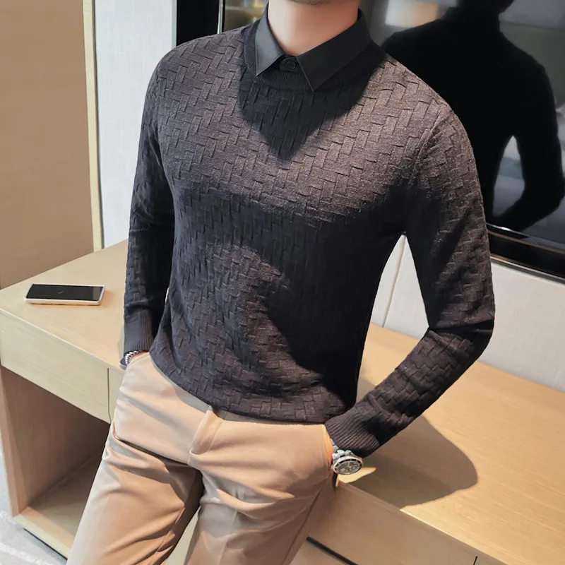 2023 Autumn/Winter Knitted Sweater Men Casual Business Knitwear Fake Two Pieces Slim Fit Shirt Collar Long Sleeve Pullovers