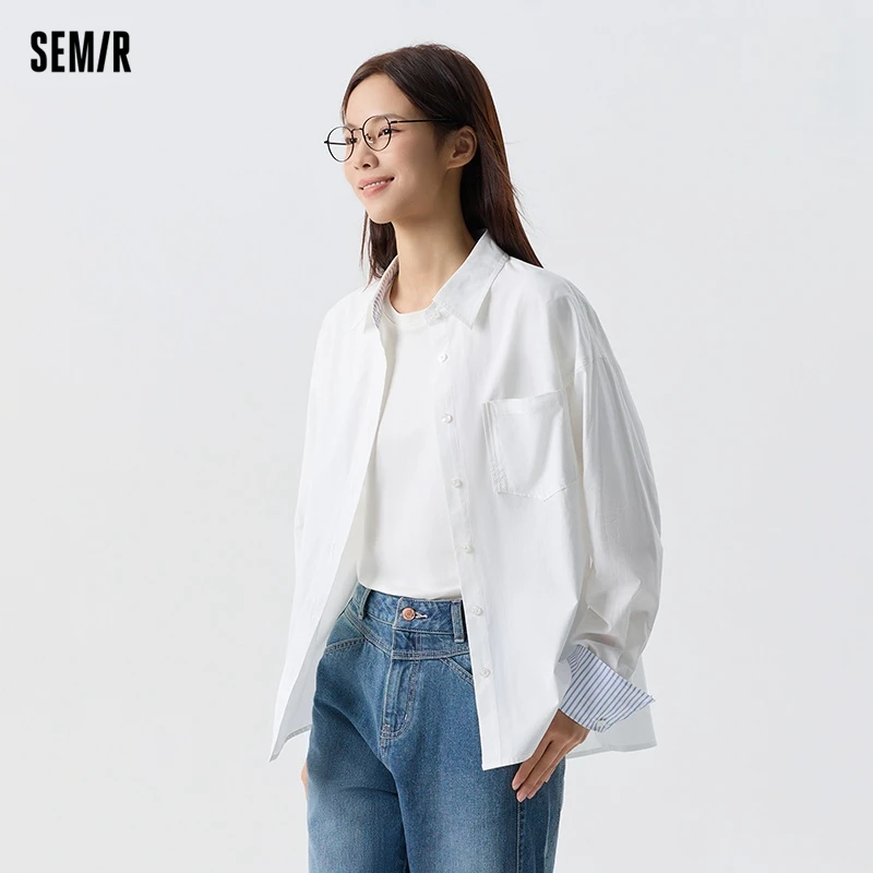 Semir 2024 Long-Sleeved Shirt Women Mid-Length Oversize Splicing Temperament Spring New Pure Cotton Shirts For Women