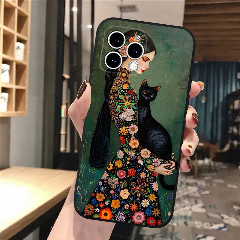 Woman and Cat Art Phone Case For iphone 16 15 14 Pro Max 16 15 14 13 12 Pro 15Plus iphone 11