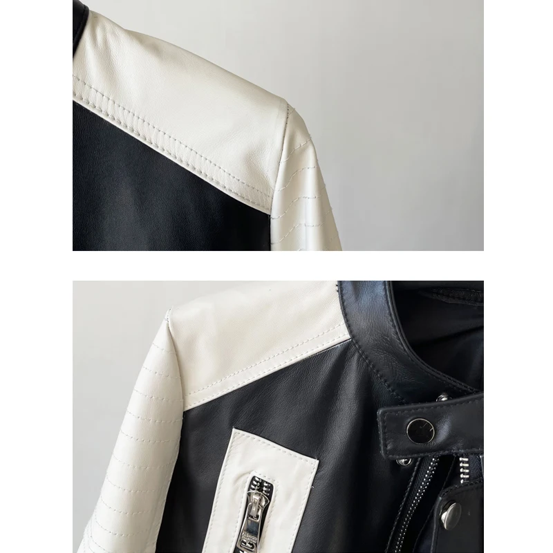 Damen-Jacken aus echtem Schaffell, Herbstmode, Stehkragen, Farbblockierung, einreihig, erste Schicht, Leder, Reißverschluss, Mäntel