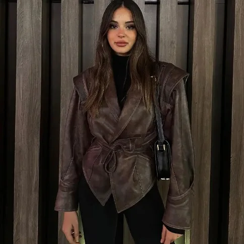 

BWQ Faux Leather Women Jackets 2025 Belt Lace Up Lapel Female Coat Vintage Casual Autumn One Button Long Sleeve Lady Outwear