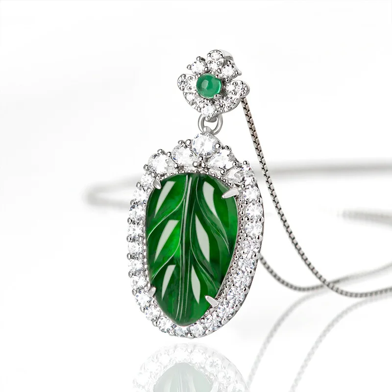 

S925 Silver Natural Jade Leaf Necklace Inlaid with Zircon Ice Women's Fashion Pendant High Grade Jewelry Gift Dress Accessories