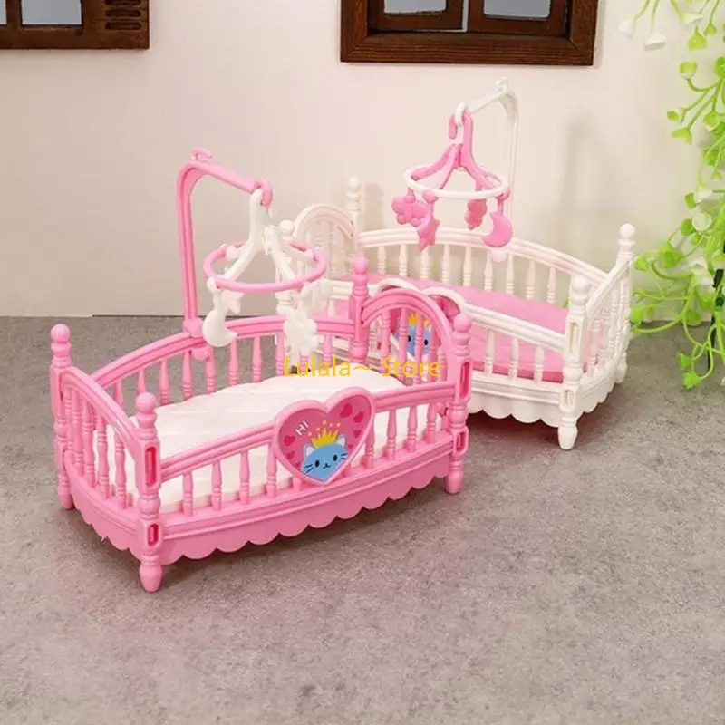 Y4QA Realistic Pink Crib Realistic Pretend Play for Kids Role Toddler Bed Model Toy Single Vintage Crib 1:12 Dollhouses