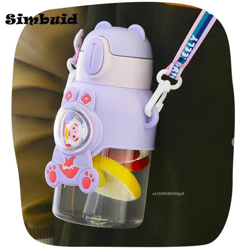 Kawaii Cartoon Children\'s Water Bottle with Straw Fall-proof Plastic Cup for Boys and Girls School Kids Kettle